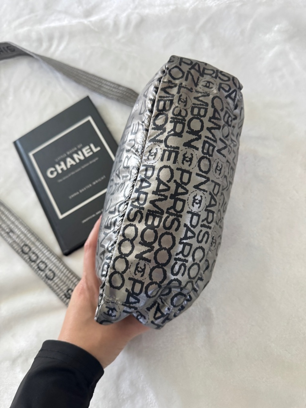 Authentic CHANEL Metallic Silver Logo Quilted Crossbody Bag - Picture 2 of 13